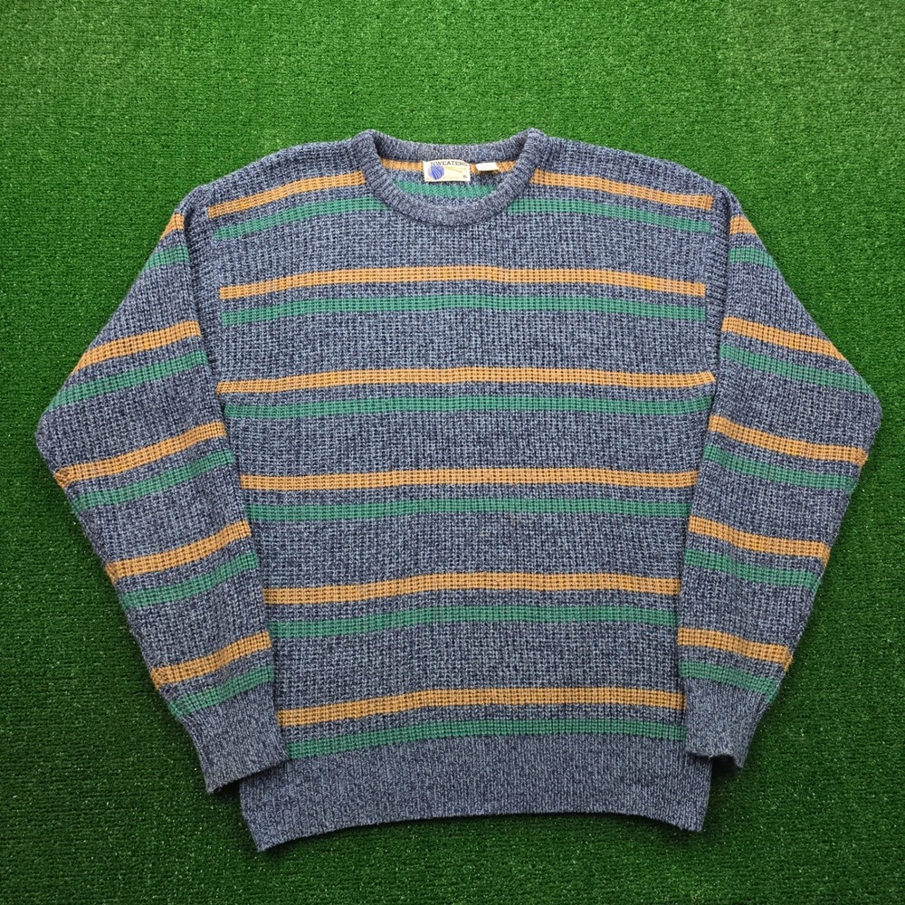 Vintage 90s Sweaters Sweater Mens XL/Large Blue Striped Acrylic Knit‎ Casual
